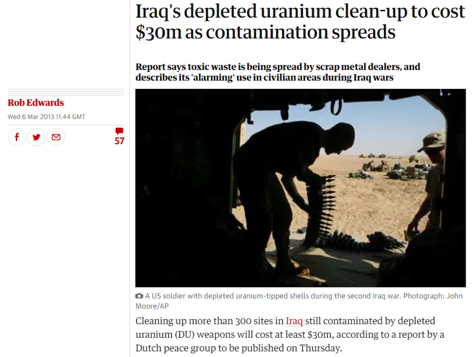 A report in British newspaper The Guardian from 2013 on the contamination of Iraq with depleted uranium munitions used by the US-led occupation forces - Sputnik International, 1920, 22.03.2023