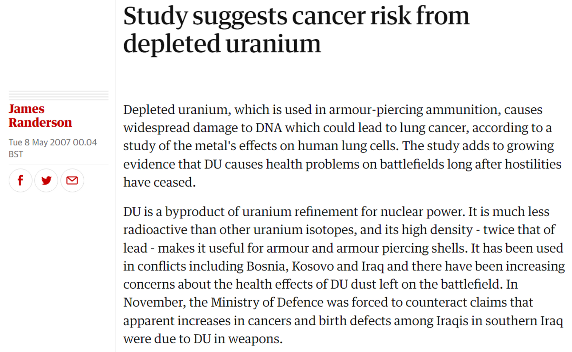 A report in British newspaper The Guardian from 2007 on the health risks associated with radioactive depleted uranium munitions used by the US and other forces in Iraq and the former Yugoslavia - Sputnik International, 1920, 22.03.2023