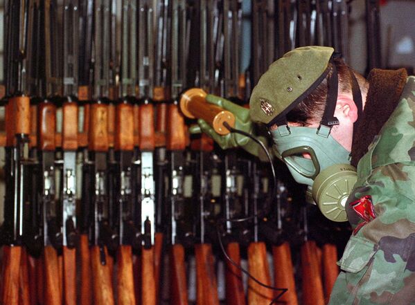 Radiation from DU shells contaminates not only the soil but almost everything. In this photo you can see  soldier measuring the radiation levels of weapons and army equipment at a military factory in the eastern Bosnian town of Bratunac. The factory was targeted during the 1995 NATO airstrikes. Reportedly, short after that its workers started dying of unknown causes.  - Sputnik International