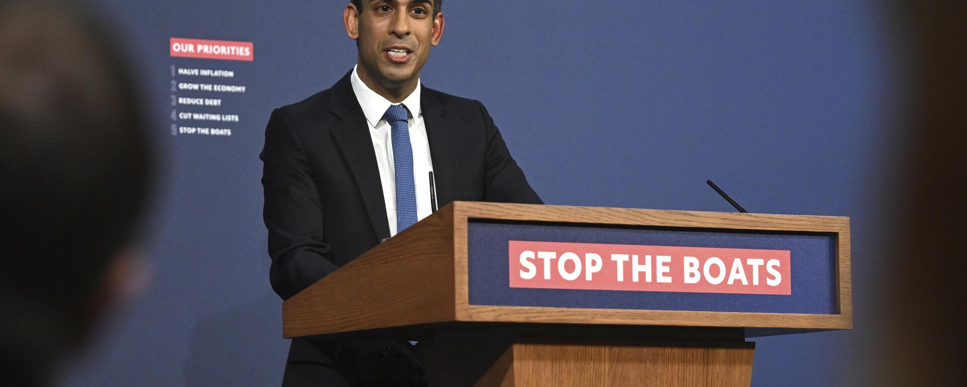 Britain's Prime Minister Rishi Sunak speaks during a press conference following the launch of new legislation on migrant channel crossings at Downing Street, London, Tuesday, March 7, 2023.  - Sputnik International, 1920, 17.01.2024