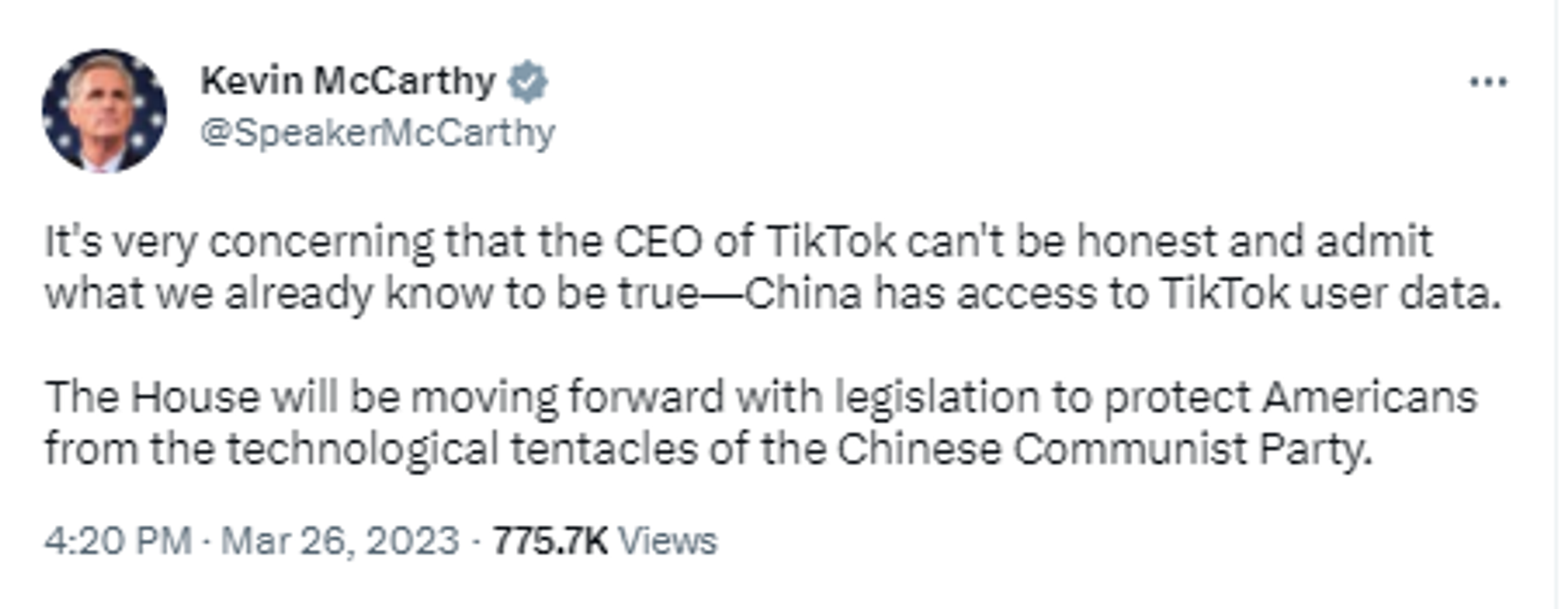 Screenshot of Twitter post by US House of Representatives Speaker Kevin McCarthy. - Sputnik International, 1920, 27.03.2023