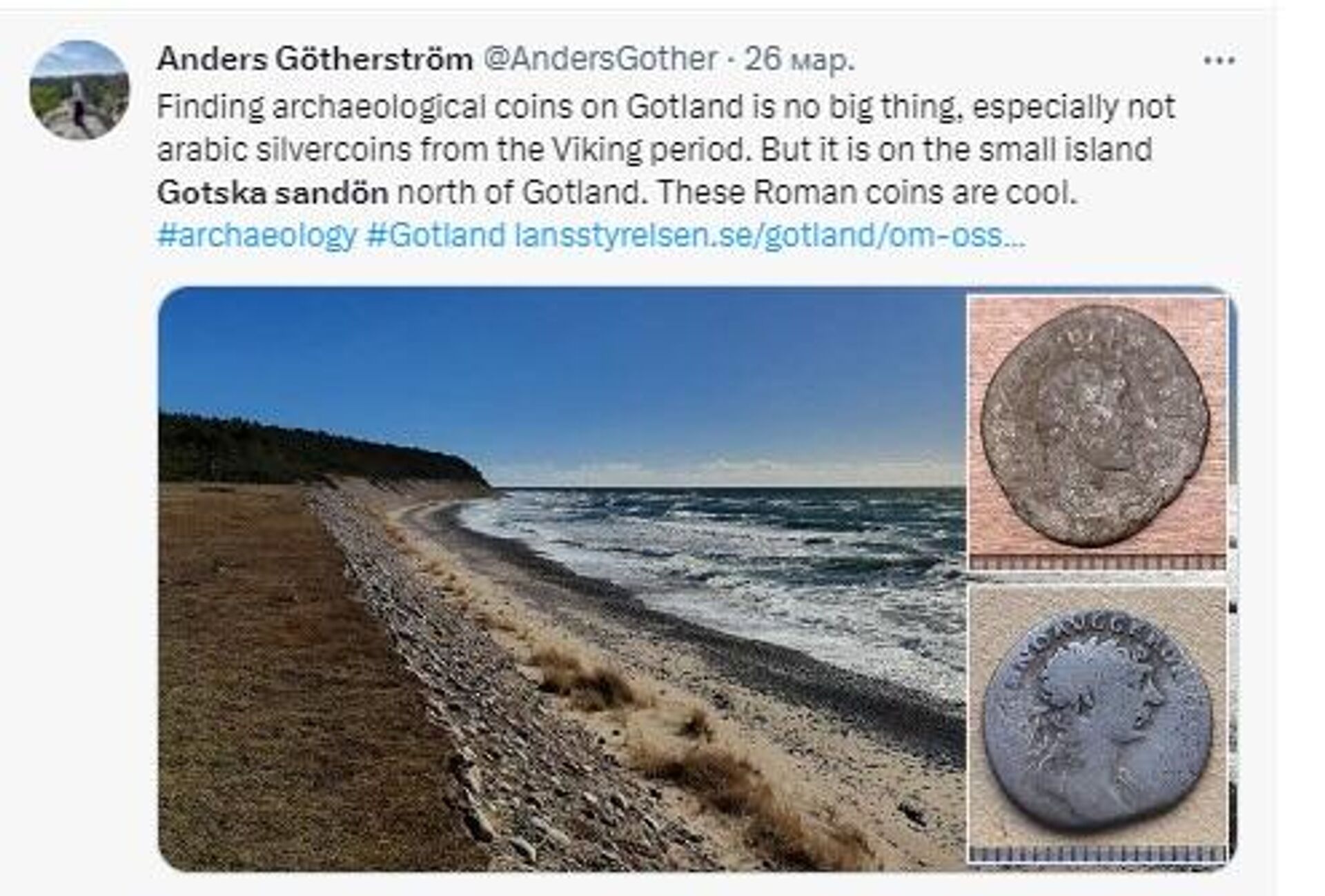 Screengrab of a tweet featuring Roman coins found on Gotska Sandon - Sputnik International, 1920, 27.03.2023