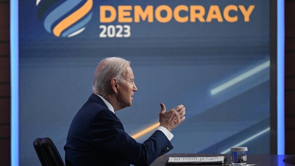 US President Joe Biden speaks during the Summit for Democracy virtual plenary on Democracy in the Face of Global Challenges in the South Court Auditorium of the White House in Washington, DC, March 29, 2023. - Sputnik International