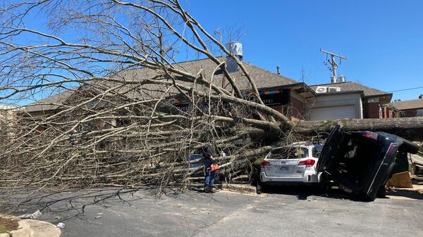 A tree tops two vehicles destroyed by Friday's tornado in Little Rock, Ark., Saturday, April 1, 2023. Unrelenting tornadoes that tore through parts of the South and Midwest that shredded homes and shopping centers.  - Sputnik International