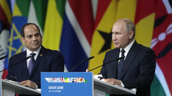 Russia's President Vladimir Putin and Egypt's President Abdel Fattah al-Sisi make a press statement following the 2019 Russia-Africa Summit at the Sirius Park of Science and Art in Sochi, Russia, on October 24, 2019 - Sputnik International