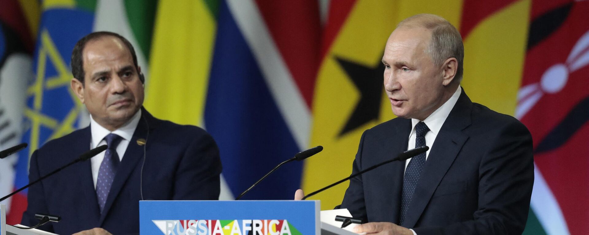 Russia's President Vladimir Putin and Egypt's President Abdel Fattah al-Sisi make a press statement following the 2019 Russia-Africa Summit at the Sirius Park of Science and Art in Sochi, Russia, on October 24, 2019 - Sputnik International, 1920, 03.04.2023