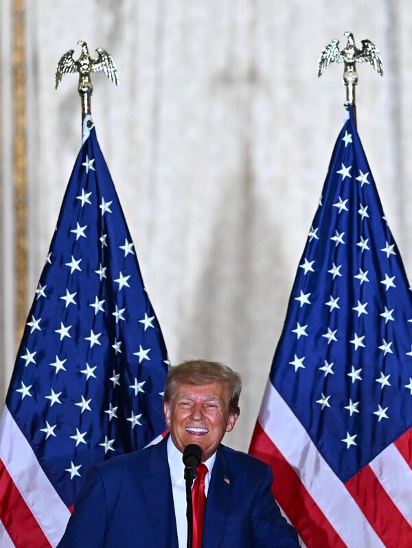 Former US president Donald Trump speaks at his Mar-a-Lago estate in Palm Beach, Florida, during a press conference on 4 April 2023, after his court appearance over an alleged &#x27;hush-money&#x27; payment,  - Sputnik International