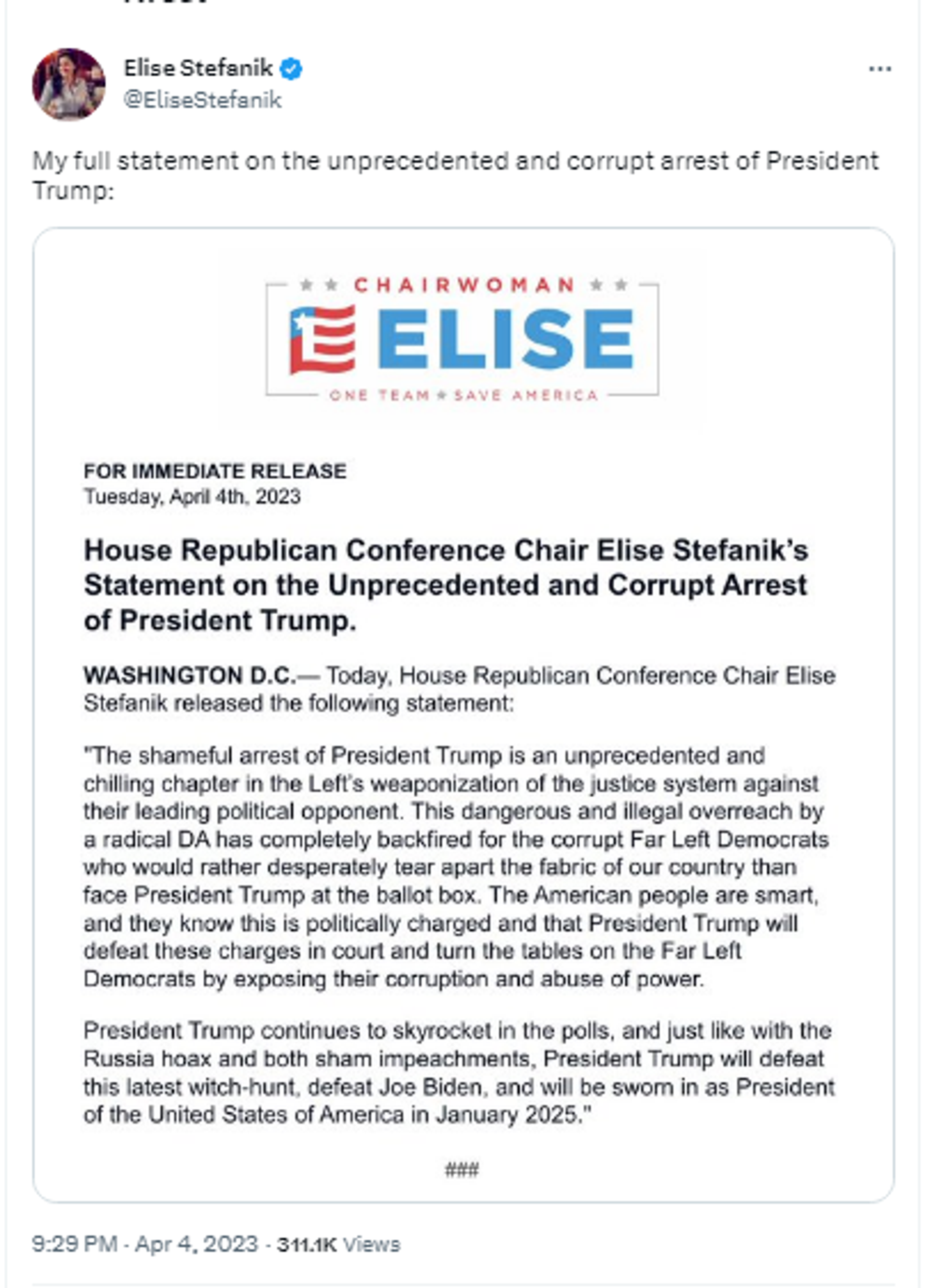 Screenshot of Twitter post by Rep. Elise Stefanik, R-N.Y., the House GOP Conference Chair. - Sputnik International, 1920, 05.04.2023