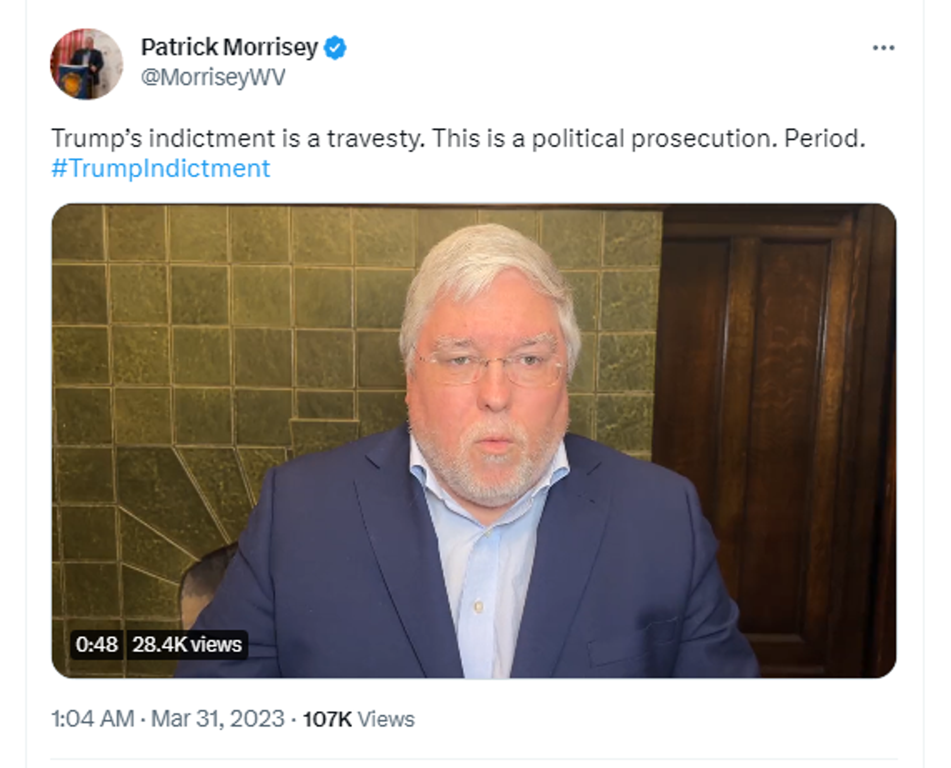 Screenshot of Twitter post by Patrick James Morrisey, serving as the 34th Attorney General of West Virginia.  - Sputnik International, 1920, 05.04.2023