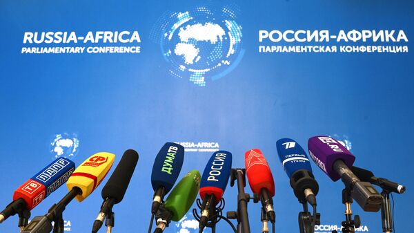 Microphones for press approaches of the participants of the Second International Parliamentary Conference Russia-Africa in Moscow. - Sputnik International