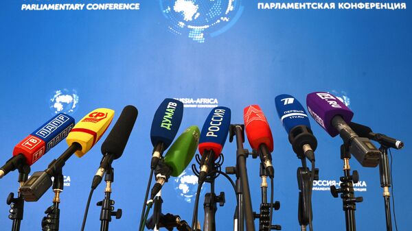 Microphones for press approaches of the participants of the Second International Parliamentary Conference Russia-Africa in Moscow. - Sputnik International