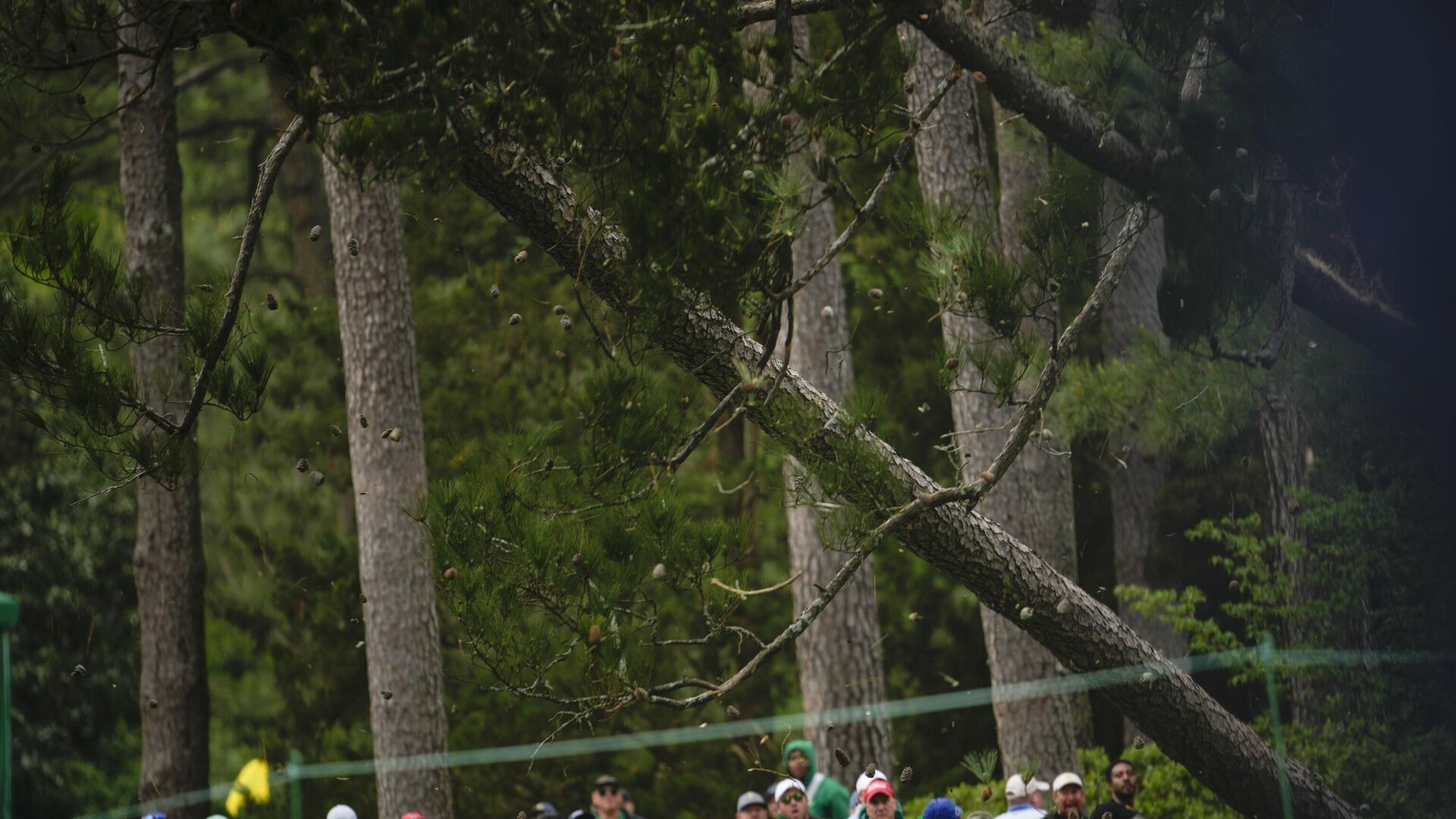 Patrons move away from trees that blew over on the 17th hole during the second round of the Masters golf tournament at Augusta National Golf Club on Friday, April 7, 2023, in Augusta, Ga. - Sputnik International, 1920, 08.04.2023