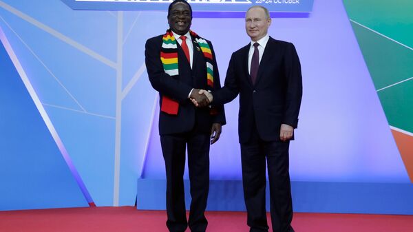 Russian President Vladimir Putin and Zimbabwe's President Emerson Dambudzo Mnangagwa at the ceremony of the official meeting of heads of state and government of the participating states of the Russia-Africa summit.  - Sputnik International
