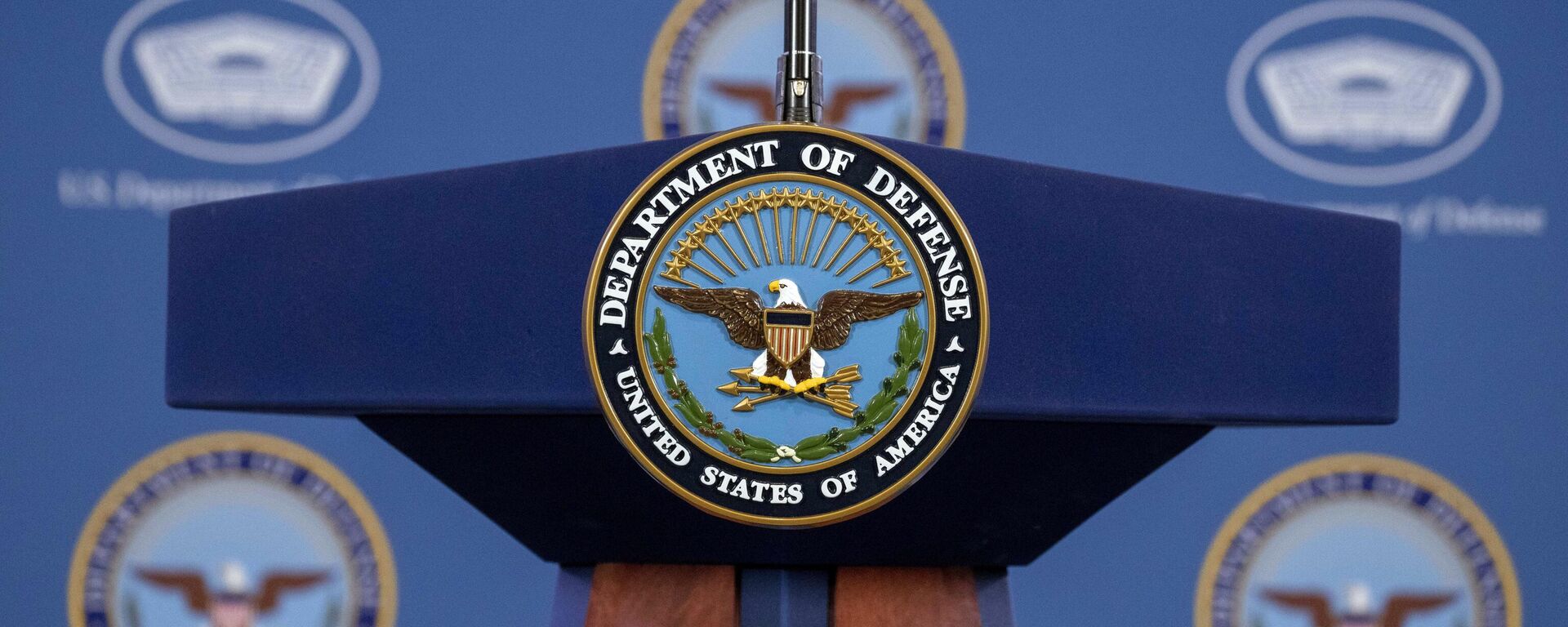 The Department of Defense Seal is seen on the podium before Pentagon spokesman U.S. Air Force Brig. Gen. Patrick Ryder speaks during a media briefing at the Pentagon, Friday, Feb. 24, 2023, in Washington. - Sputnik International, 1920, 20.10.2023