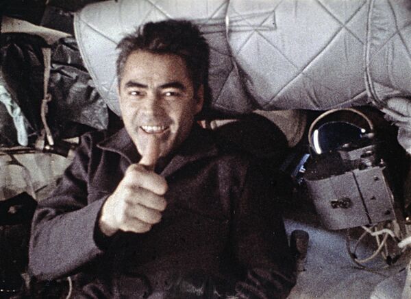 Still from the film &quot;Flight Into the Future.&quot; Central Studio for Popular Science and Educational Films (Tsentrnauchfilm). USSR cosmonaut, crew commander Andriyan Nikolayev in the cabin of the Soyuz-9 spacecraft during flight.Andriyan Grigoryevich Nikolayev became the third Soviet cosmonaut to go into space in 1962 on board the Vostok 3. He was the first person to make a TV broadcast from space and also the first to record music in space. - Sputnik International