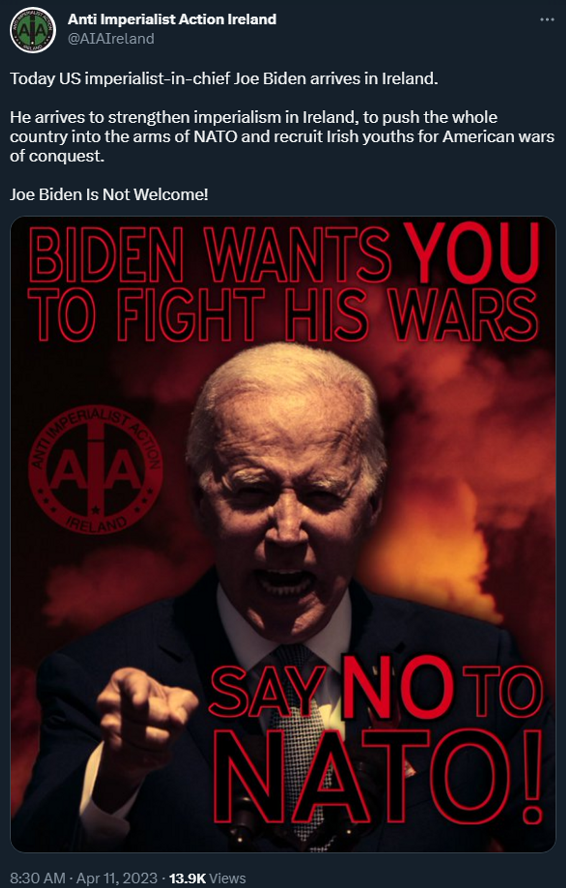 A tweet advertising a protest against US president Joe Biden's visit to Ireland in April 2023 - Sputnik International, 1920, 12.04.2023