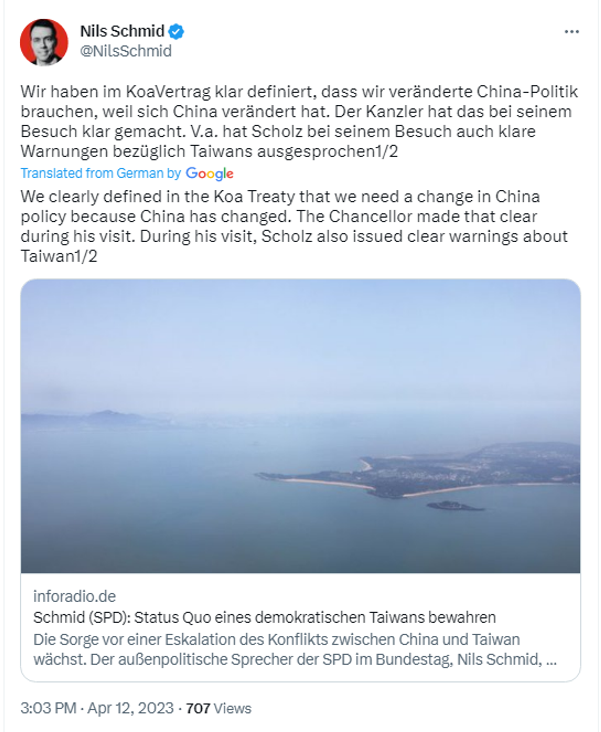 Screenshot of Twitter post by Nils Schmid, the foreign policy spokesperson for German Chancellor Olaf Scholz's Social Democratic Party (SPD). - Sputnik International, 1920, 13.04.2023