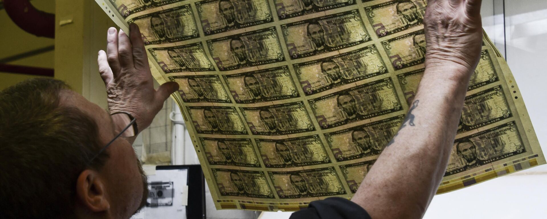 An employee examines a sheet of freshly printed 5 USD notes at the US Treasury's Bureau of Engraving and Printing in Washington, DC July 20, 2018 - Sputnik International, 1920, 15.04.2023