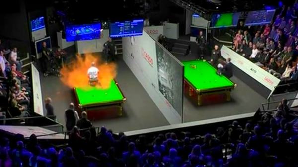 Image captures moment in which two Just Stop Oil activists storm two tables at the World Snooker Championship in Sheffield, UK. - Sputnik International