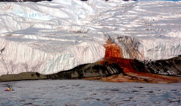 The Blood Falls (an outflow of saltwater colored by iron oxide) seeps from the end of the Taylor Glacier into Lake Bonney, Antarctica.  - Sputnik International