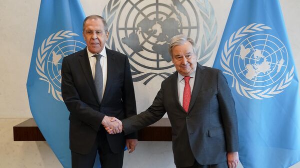 Antonio Guterres, United Nations Secretary General, right, and Sergey Lavrov, Russia's Minister for Foreign Affairs, current president of the Security Council, shake hands at the top of a meeting at the secretariat offices, Monday, April 24, 2023, at United Nations headquarters. - Sputnik International