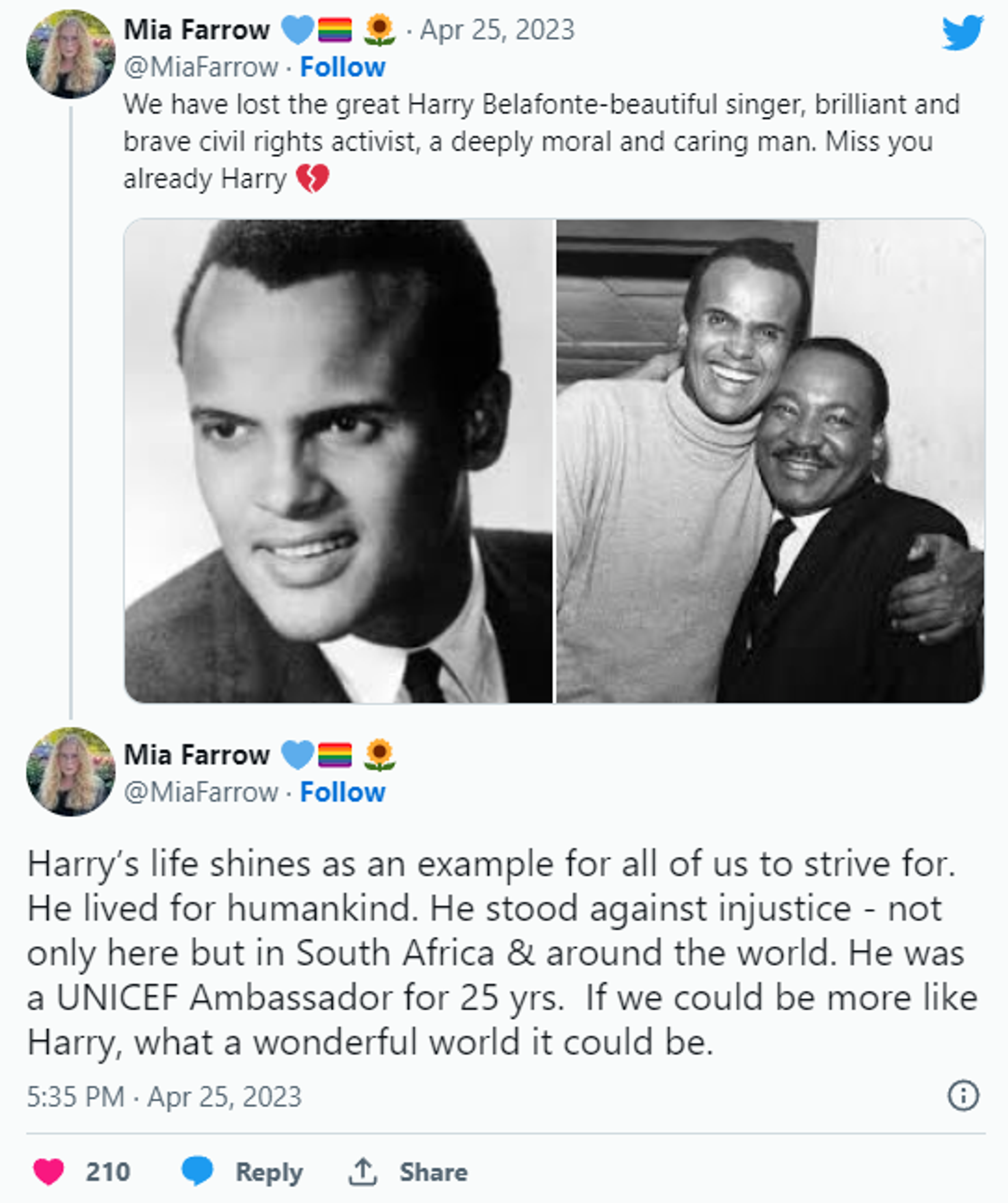 Mia Farrow expresses her admiration for Belafonte and notes that the world could learn a great deal from him. - Sputnik International, 1920, 25.04.2023