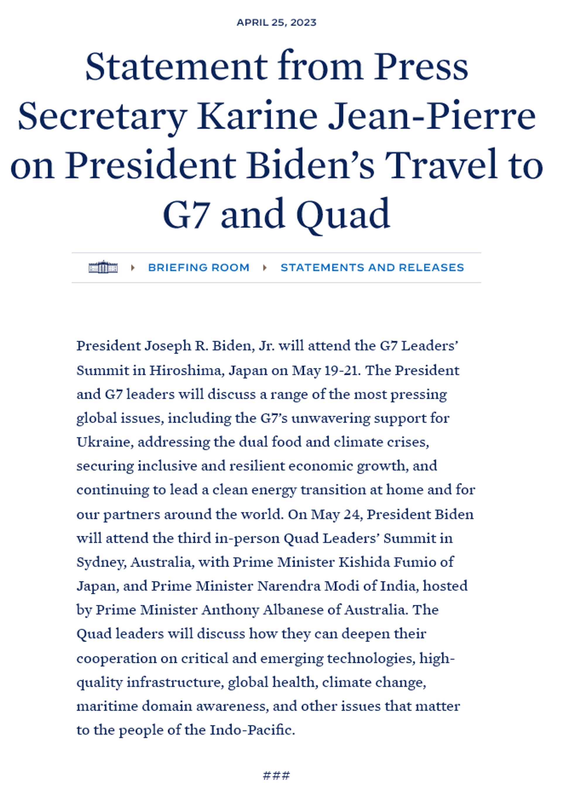 Statement from Press Secretary Karine Jean-Pierre on President Biden’s Travel to G7 and Quad  - Sputnik International, 1920, 26.04.2023
