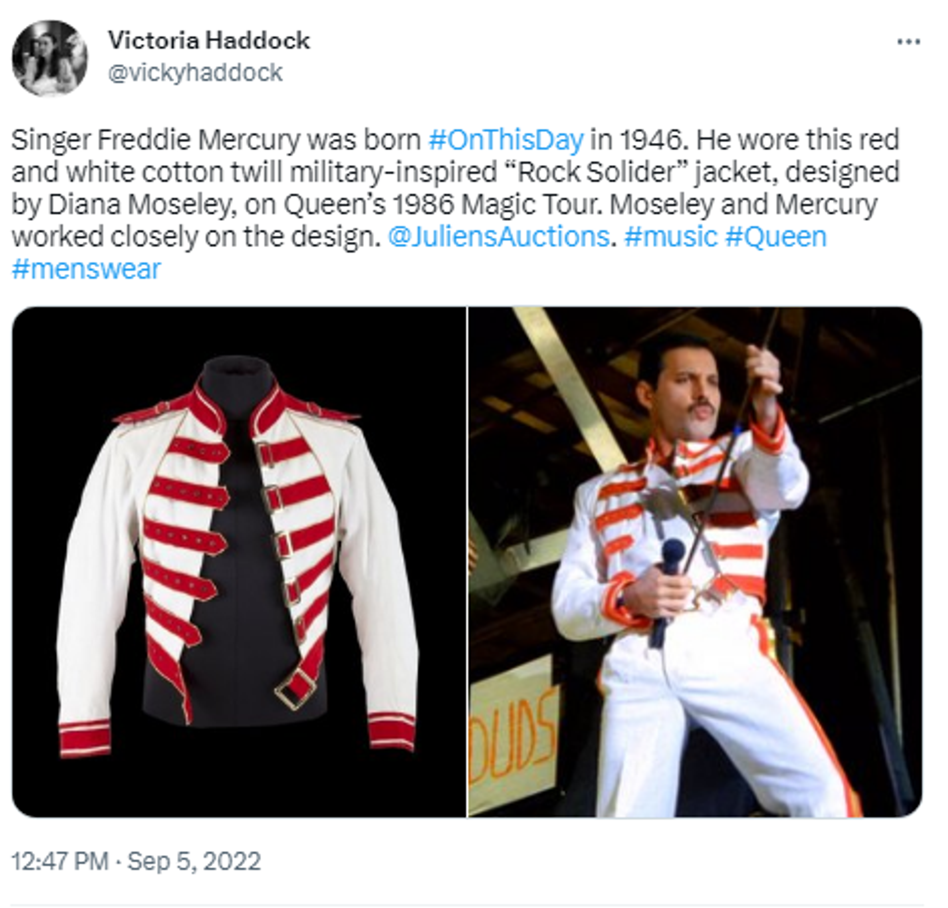 Twitter screenshot of Freddie Mercury wearing a military-style jacket. - Sputnik International, 1920, 26.04.2023