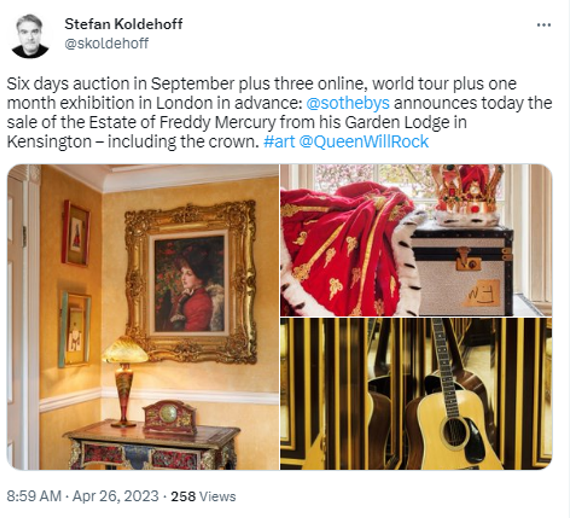 Twitter screenshot showing interior of Freddie Mercury's house in London, Garden Lodge. The belongings will be auctioned off at Sotheby's in September, 2023. - Sputnik International, 1920, 26.04.2023
