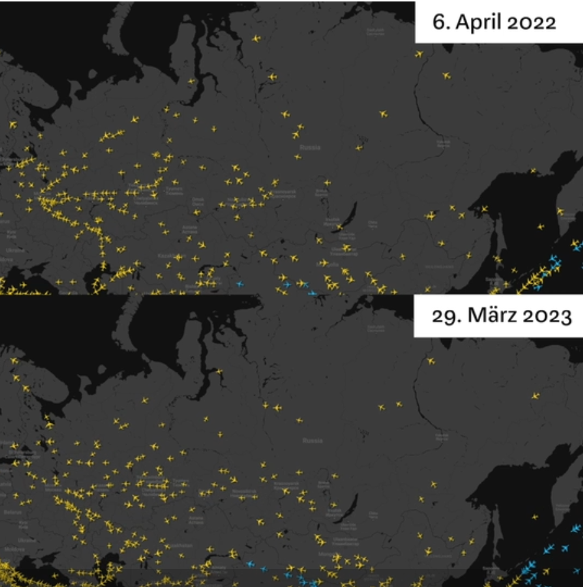 Screengrab from Wirtschaftswoche time elapse video comparing commercial air traffic over Russia in April 2022 and late March 2023. - Sputnik International, 1920, 26.04.2023