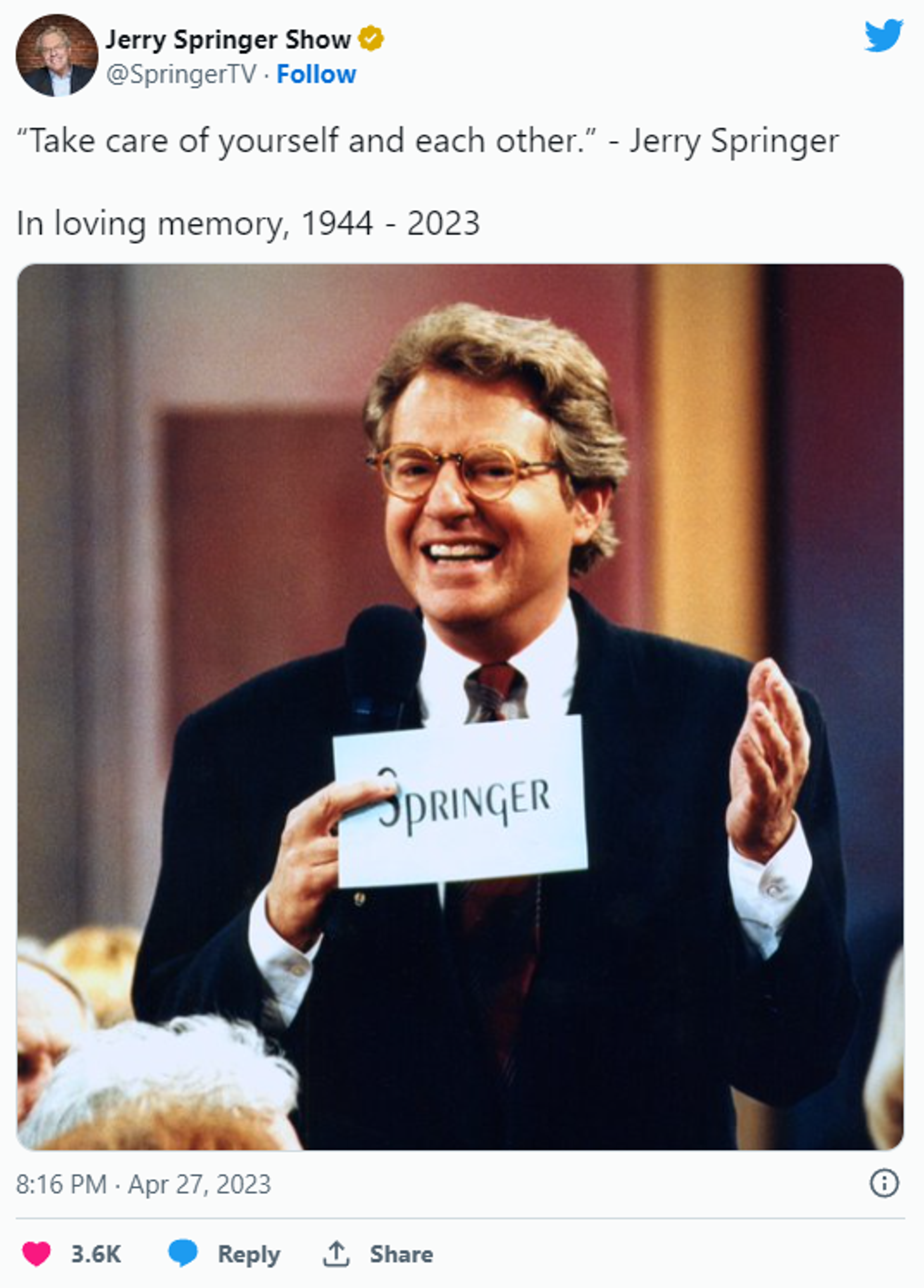 A post on The Jerry Springer Show's official account honouring its host death. - Sputnik International, 1920, 27.04.2023
