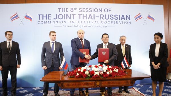 Photo of Alexei Chekunkov and Don Pramudwinai, Deputy PM and MFA of the Kingdom of Thailand during the 8th meeting of the Russian-Thai Joint Commission on Bilateral Cooperation. - Sputnik International