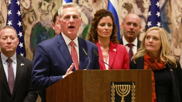 US Speaker of the House Kevin McCarthy speaks after the signing of an agreement with his Israeli counterpart at the Shagall Hall in the Knesset, the Israeli Parliament, in Jerusalem on May 1, 2023, during his visit to the country with a Congress delegation. - Sputnik International