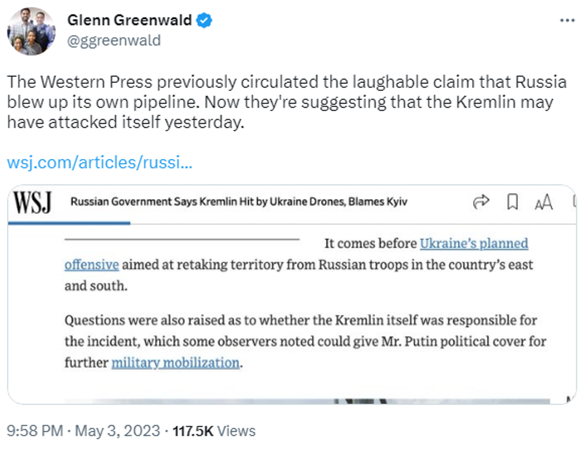 Screenshot of Twitter post by investigative journalist Glen Greenwald - Sputnik International, 1920, 04.05.2023