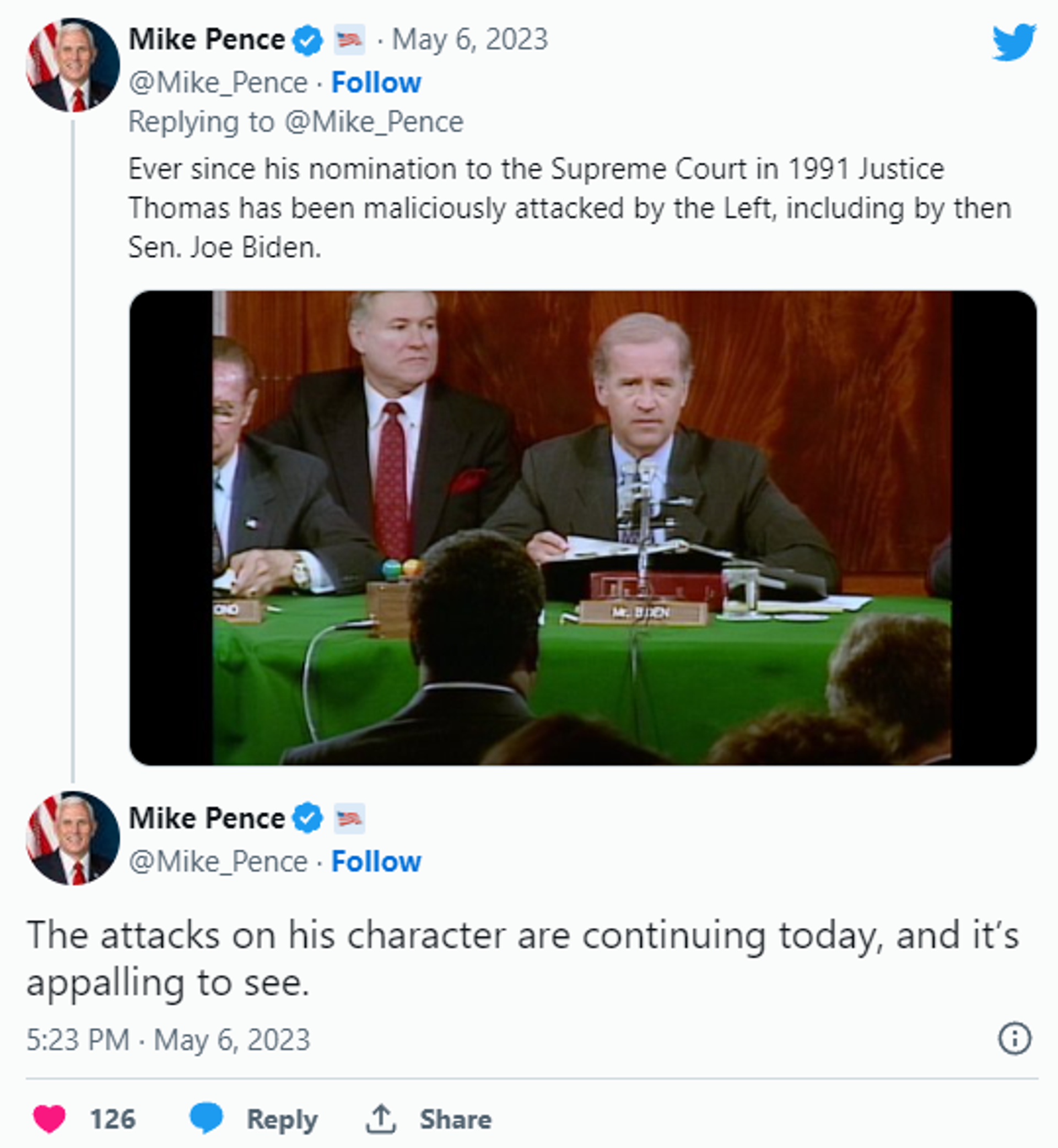 In a thread about his support for Justice Thomas, Pence posted a shot from his appointment hearings with Joe Biden, then Senator. - Sputnik International, 1920, 07.05.2023