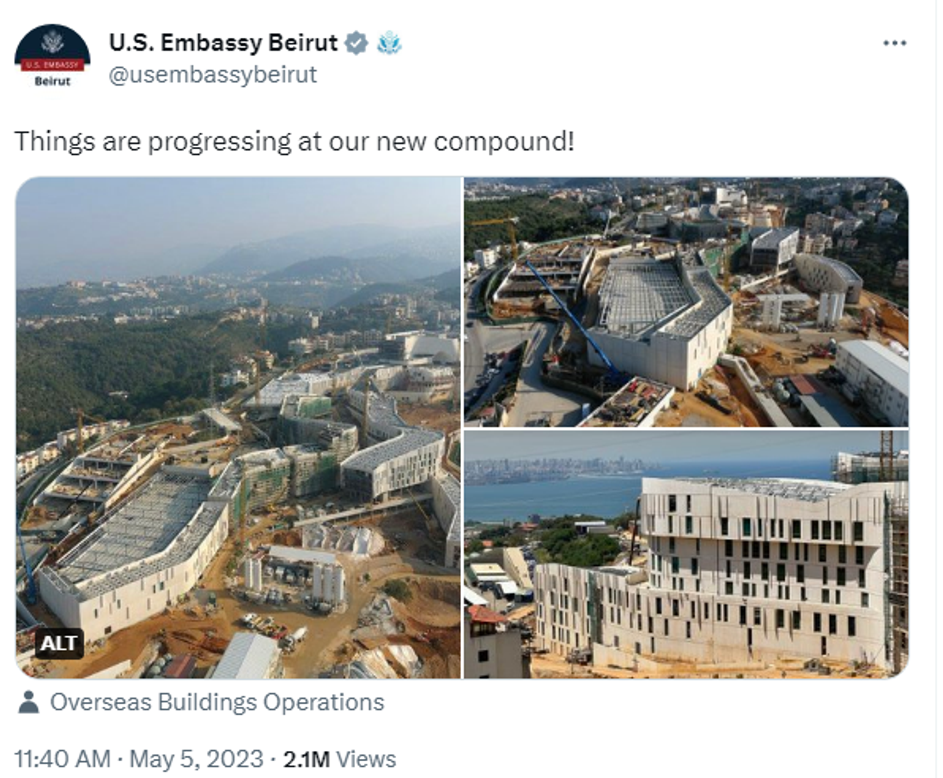 Twitter screenshot of post by US Embassy in Lebanon featuring photos of the new embassy building and compound. - Sputnik International, 1920, 14.05.2023
