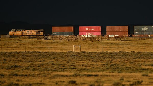A Union Pacific freight train carries cargo shipping containers along a rail line at sunset in Bosler, Wyoming on August 13, 2022.  - Sputnik International