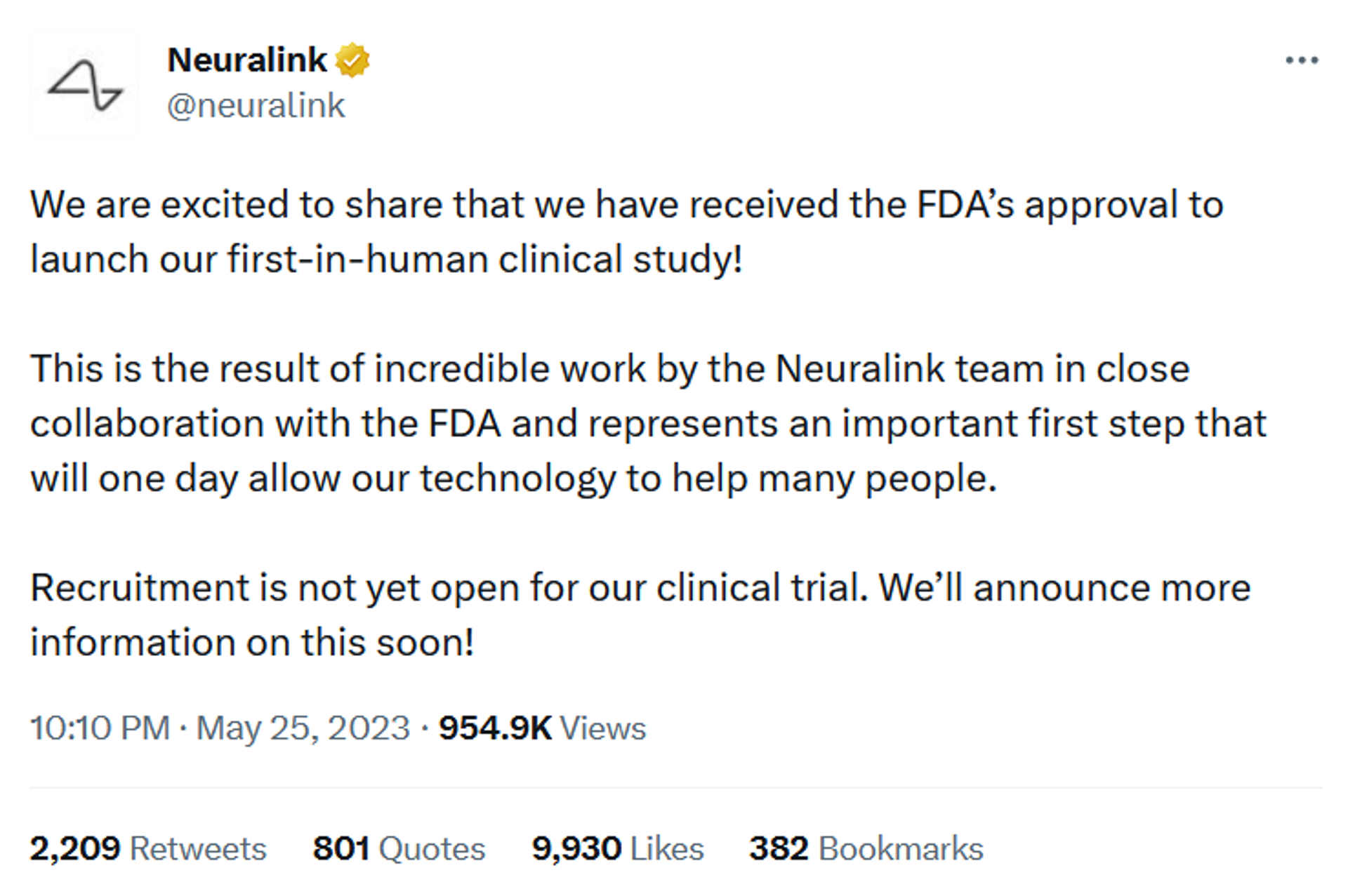Message from the official Neuralink account on receipt of approval from the FDA. - Sputnik International, 1920, 26.05.2023