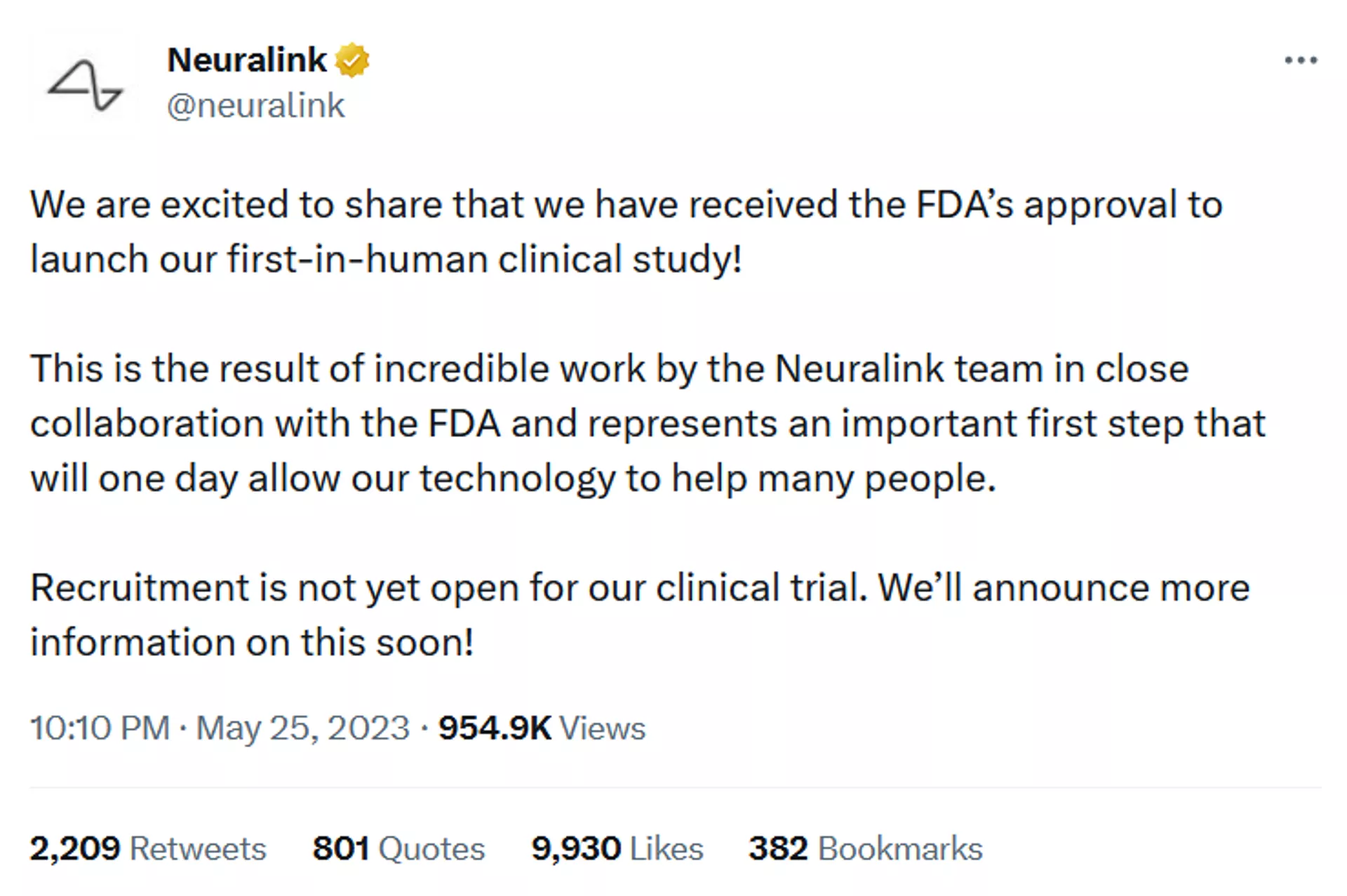 Message from the official Neuralink account on receipt of approval from the FDA. - Sputnik International, 1920, 26.05.2023