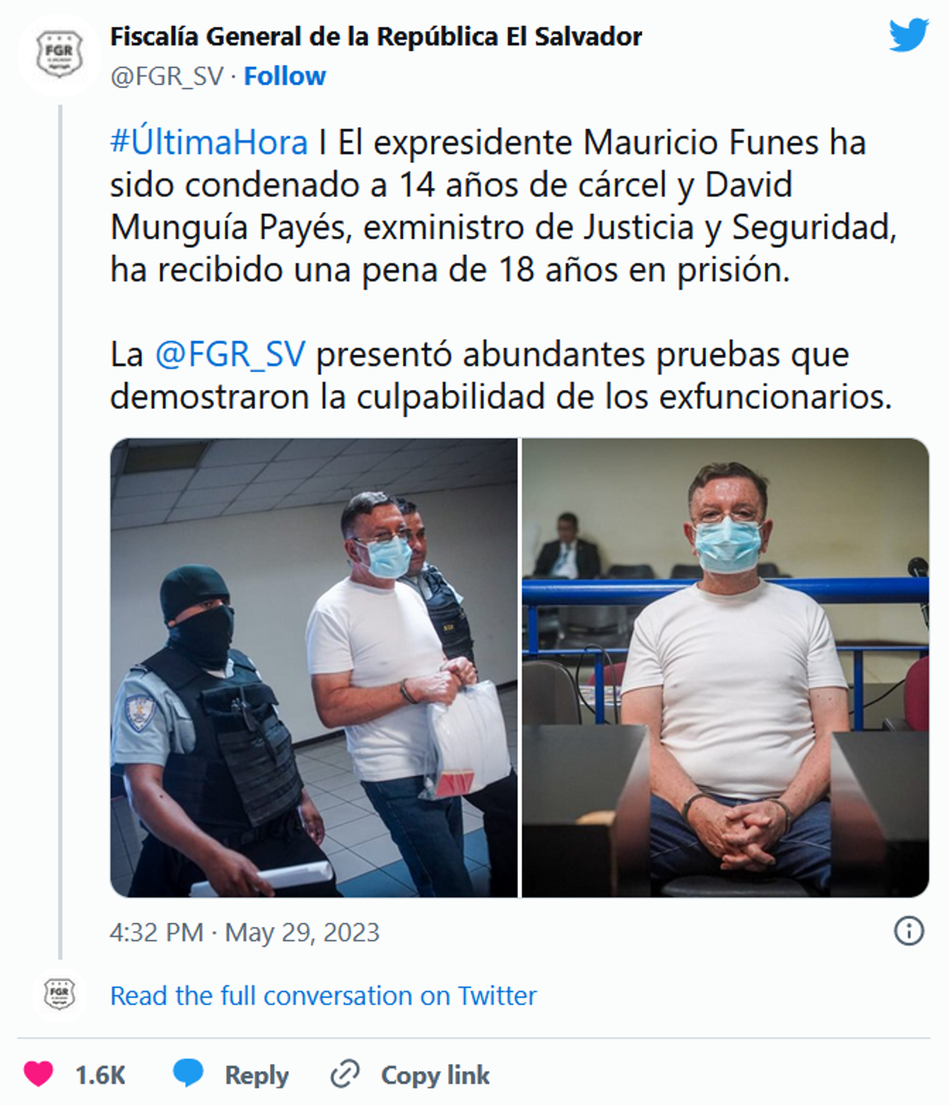 Message on the official account of the El Salvador Attorney General's Office announcing the verdict in the ex-president's and Funes' former Security Minister's case. - Sputnik International, 1920, 29.05.2023