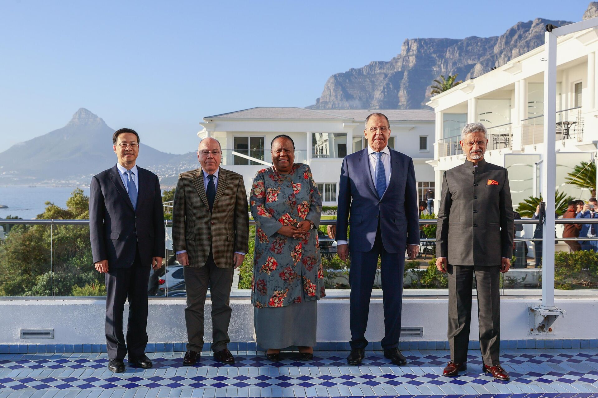 In this handout photo released by the Russian Foreign Ministry, from left, China's Vice Minister of Foreign Affairs Ma Zhaoxu, Brazil's Foreign Minister Mauro Vieira, South Africa's Minister of International Relations and Cooperation Naledi Pandor, Russia's Foreign Minister Sergey Lavrov and India's External Affairs Minister Subrahmanyam Jaishankar pose for a family photo during a BRICS Foreign Ministers meeting, in Cape Town, South Africa.  - Sputnik International, 1920, 03.06.2023