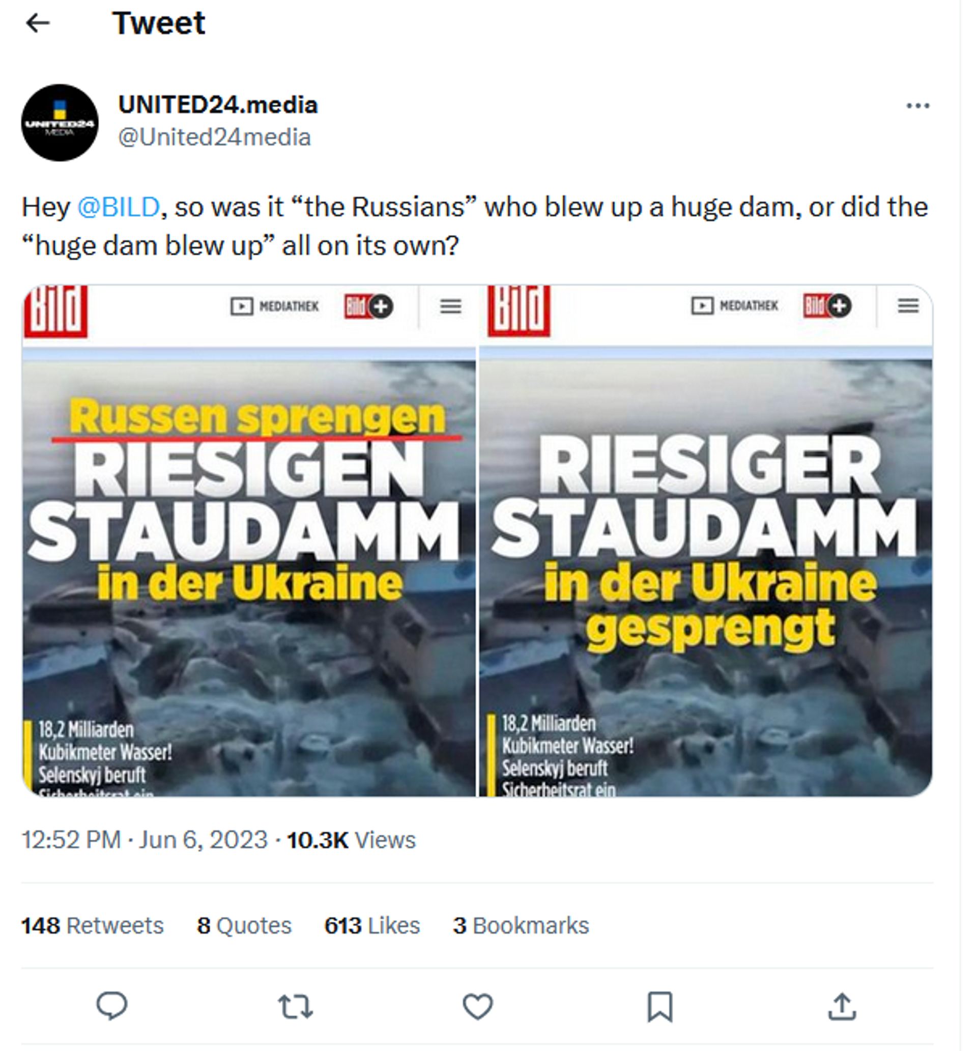 Anger-fueled tweet about Bild's edit of their headline on the Kakkovka hydroplant attack to remove the words Russians Blow Up. - Sputnik International, 1920, 06.06.2023