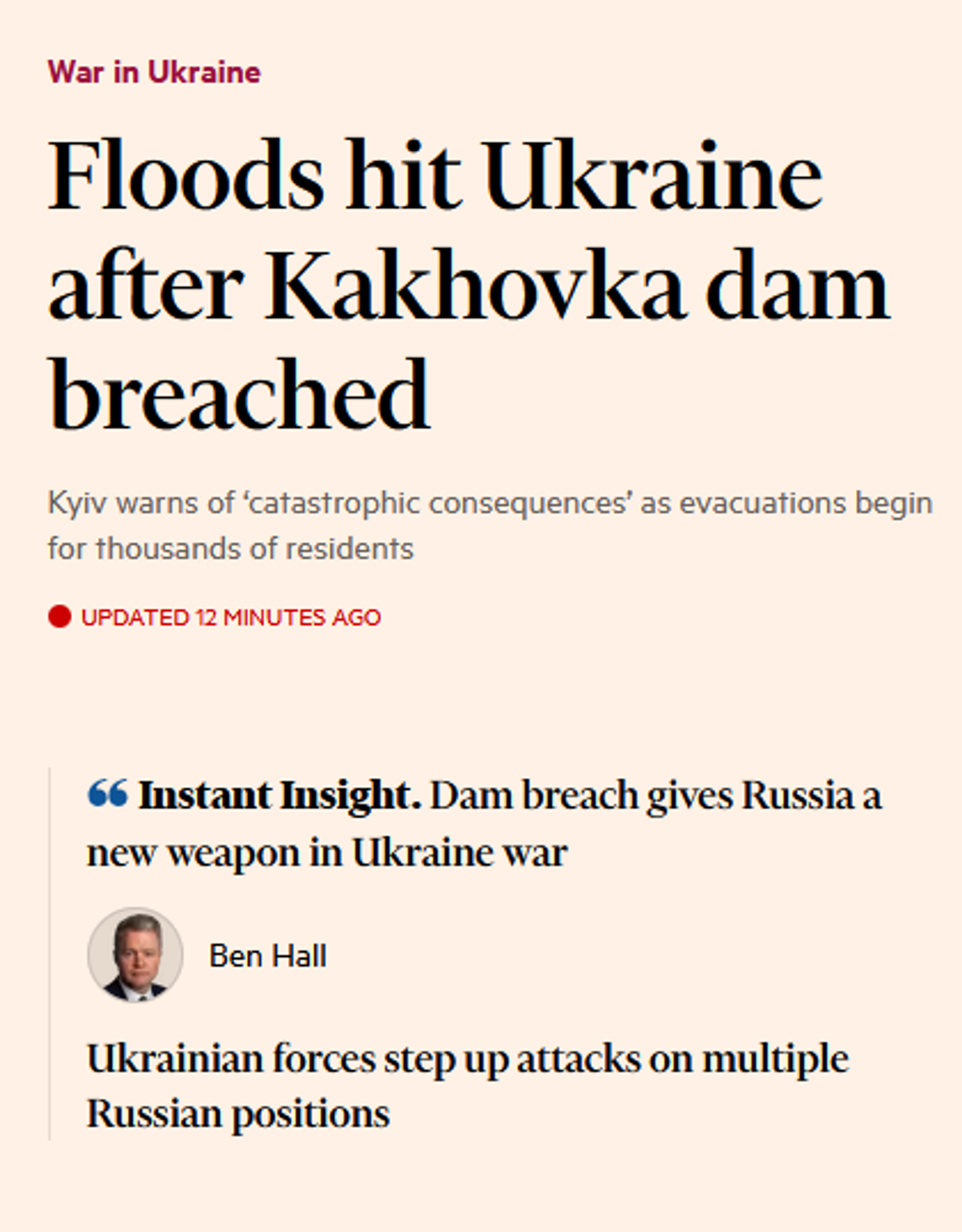 Financial Times' 'Instant Insight' on the Kakhovka hydroplant dam's destruction, characterizing the dam breach as a new weapon in Russia's hands - in feigned obliviousness over the catastrophic impact the attack could have on Russian settlements and infrastructure in Kherson and Crimea. - Sputnik International, 1920, 06.06.2023