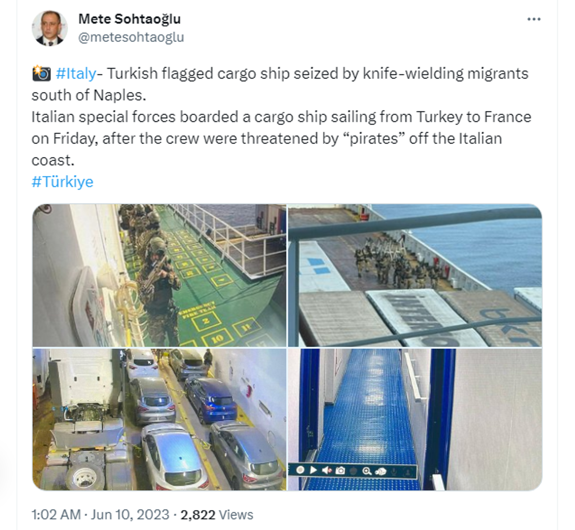 A Twitter screenshot of Italian special forces tackling alleged hijackers on board a Turkish cargo ship - Sputnik International, 1920, 10.06.2023