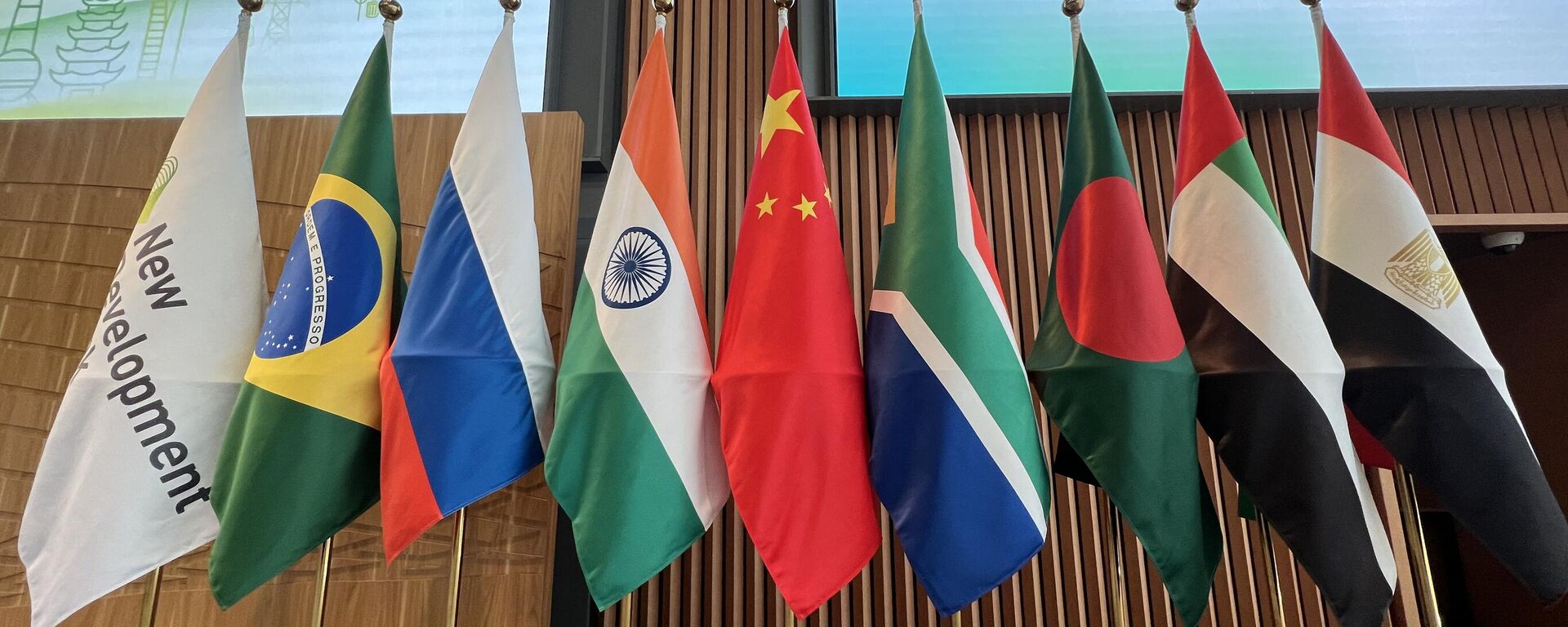 Flags are seen displayed at the opening ceremony of the New Development Bank Eighth Annual Meeting in Shanghai on May 30, 2023 - Sputnik International, 1920, 10.06.2023