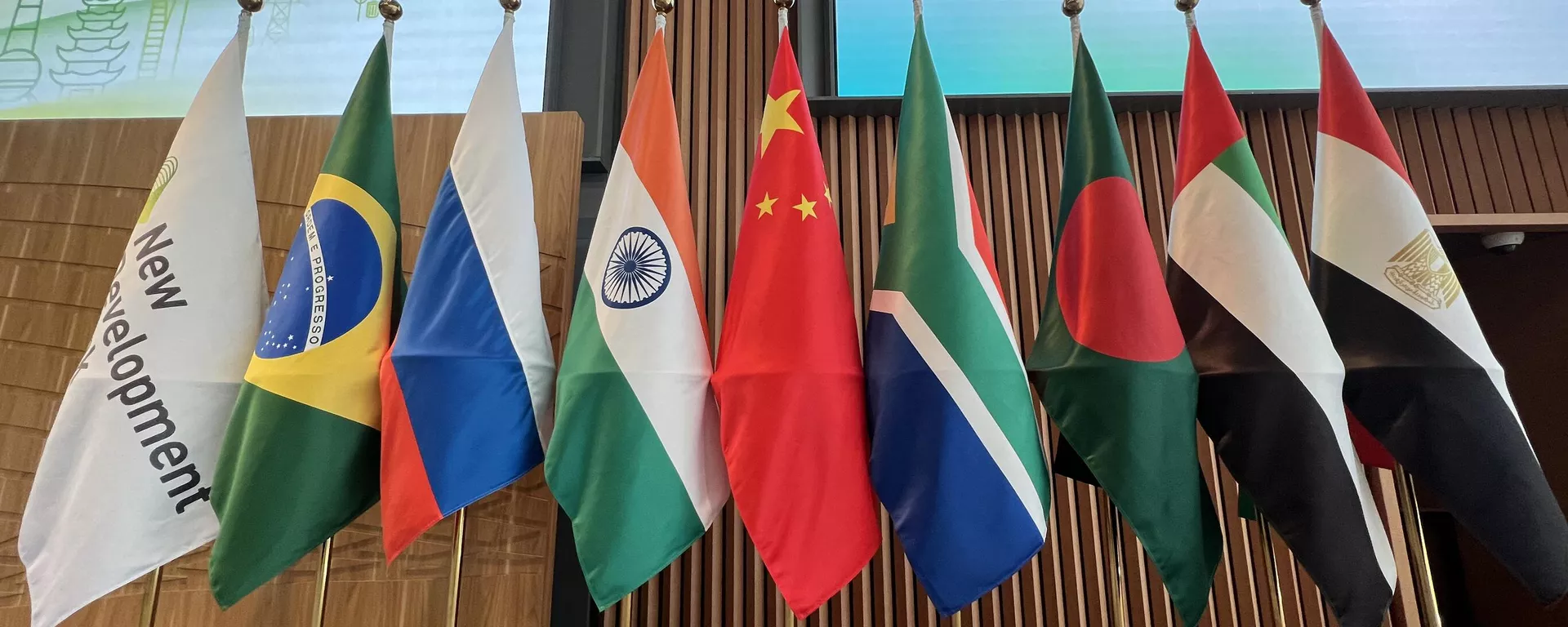Flags are seen displayed at the opening ceremony of the New Development Bank Eighth Annual Meeting in Shanghai on May 30, 2023 - Sputnik International, 1920, 10.06.2023