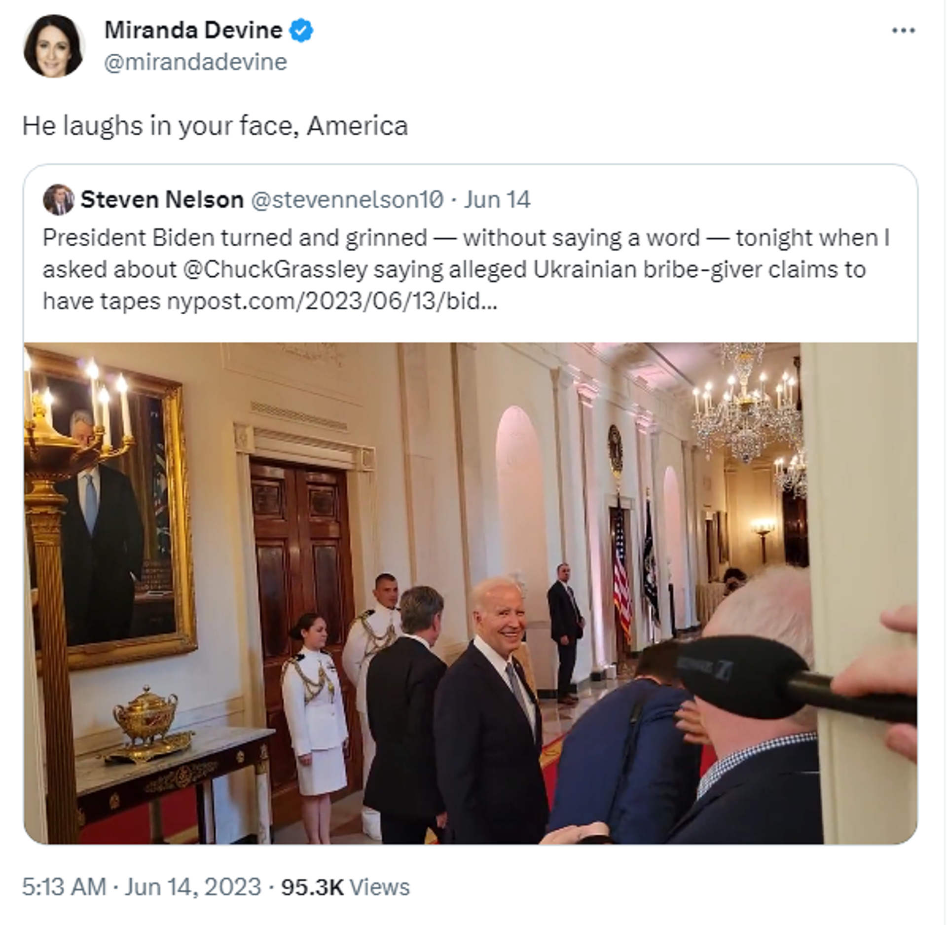 Screenshot of Twitter post by New York Post Columnist Miranda Devine with footage of US President Joe Biden leaving a While House event on June 14, 2023. - Sputnik International, 1920, 15.06.2023