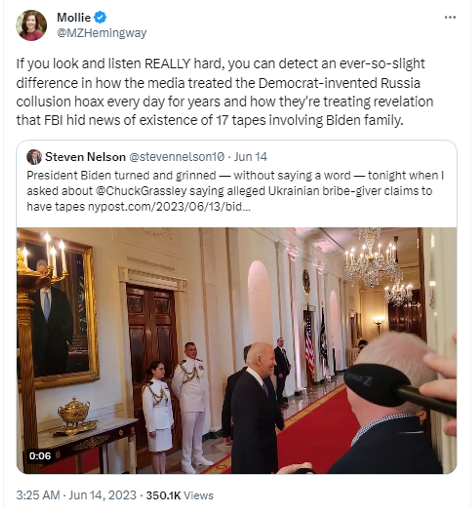 Screenshot of Twitter post by  Federalist editor in chief Mollie Hemingway with footage of US President Joe Biden leaving a While House event on June 14, 2023. - Sputnik International, 1920, 15.06.2023