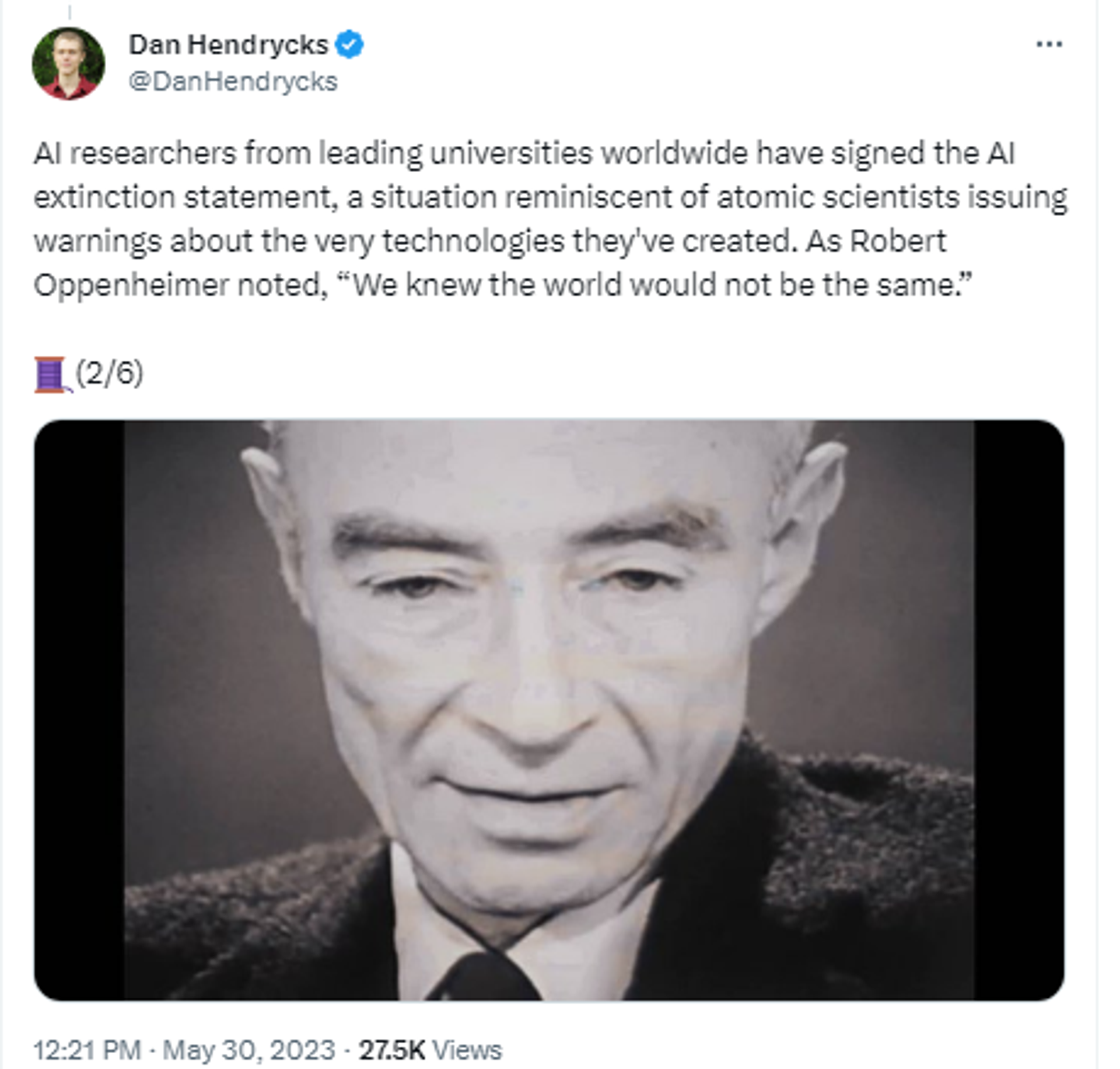 Screenshot of Twitter post by Dan Hendrycks, director of the Center for AI Safety. - Sputnik International, 1920, 15.06.2023