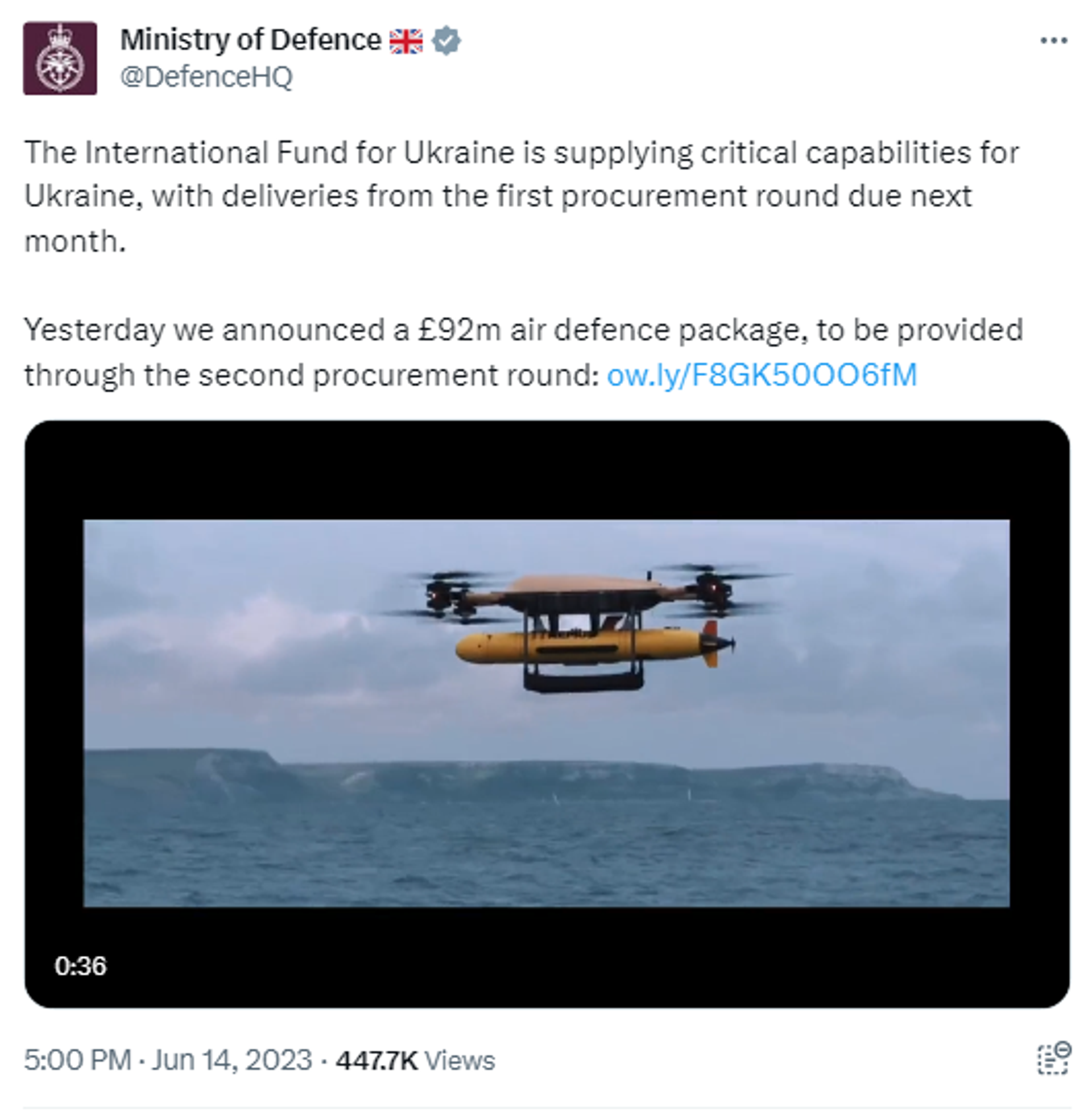 Screenshot of Twitter post by UK Ministry of Defense showing footage of drones to be supplied to Ukraine. - Sputnik International, 1920, 15.06.2023